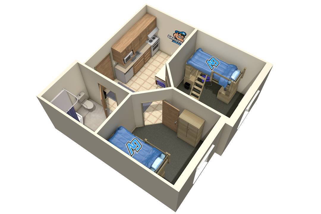 Apartment style housing floor plan with two bedrooms, a kitchen, and bathroom.